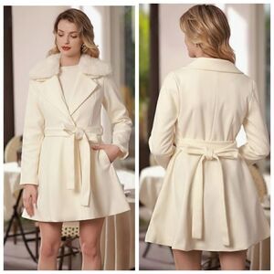 Belle Poque Women's Belted Trench Coat with Faux Fur Collar Vintage Long Peacoat